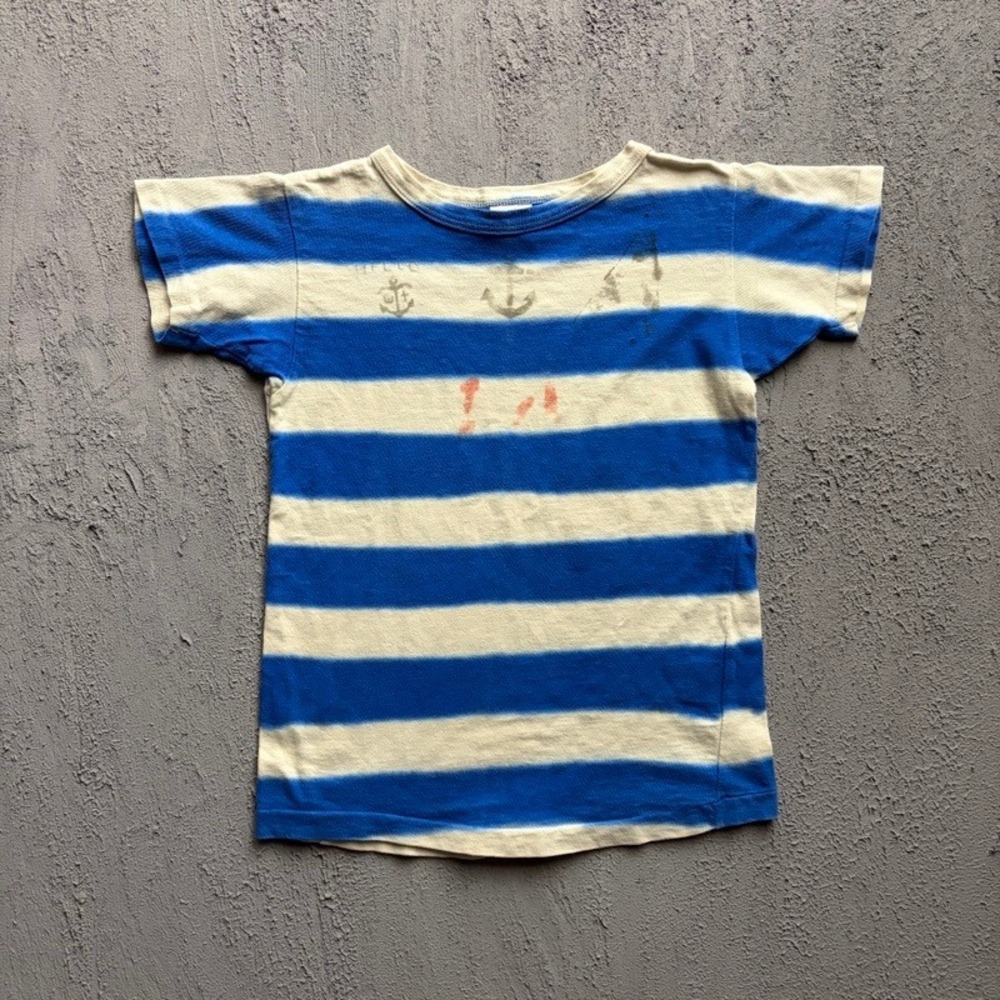 Denim Dungaree T Shirt Medium 130cm Blue Striped Nautical Japan Baby Tee